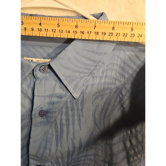 Zara Mens Medium 40 Shirt Blue Floral/Palm Design Regular Long Sleeve Button - Picture 7 of 8